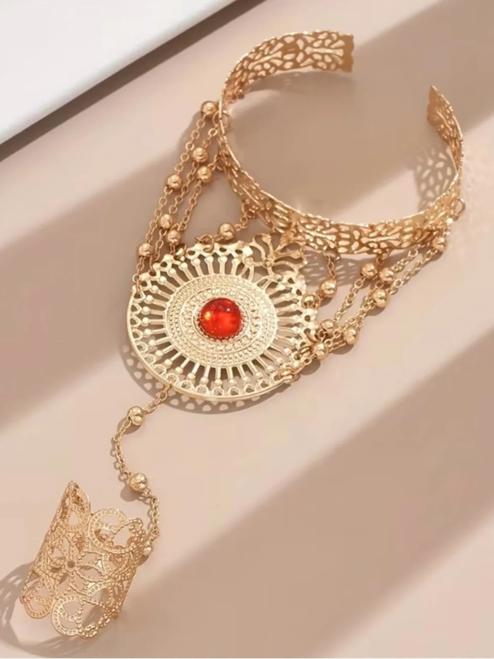💎 HOST Pick💎 Golden Filigree Hand Chain Bracelet with Red Gem 💎 - Picture 4 of 6